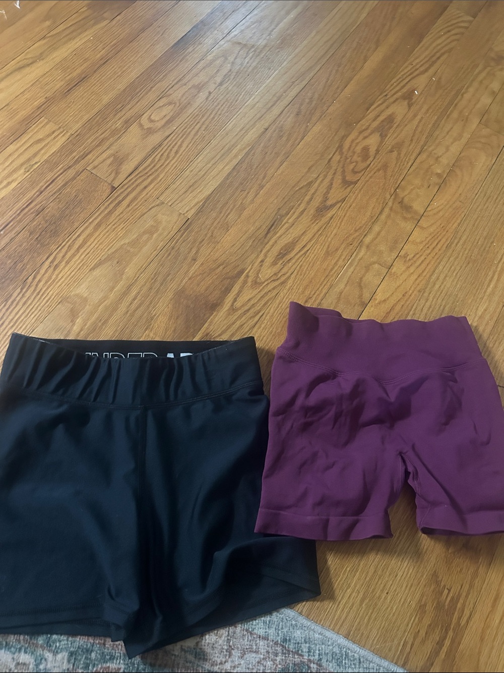 Under Armour Black Women's Bike Shorts with Logo Waistband + purple shorts
